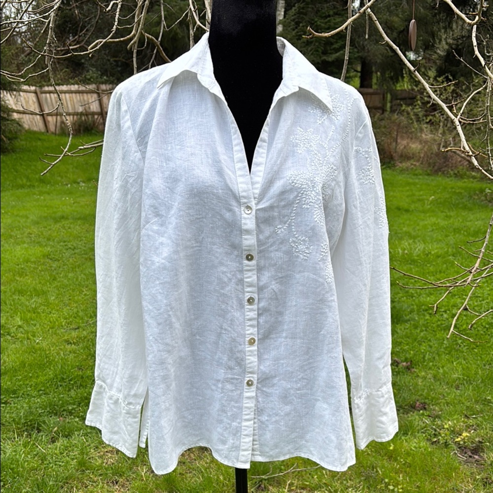 Irish Linen Button up Top with Embroidery